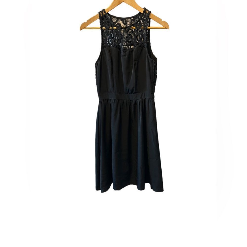 SISTERS Black Lace Top Sheer Back Mid Length Sleeveless Dress 34